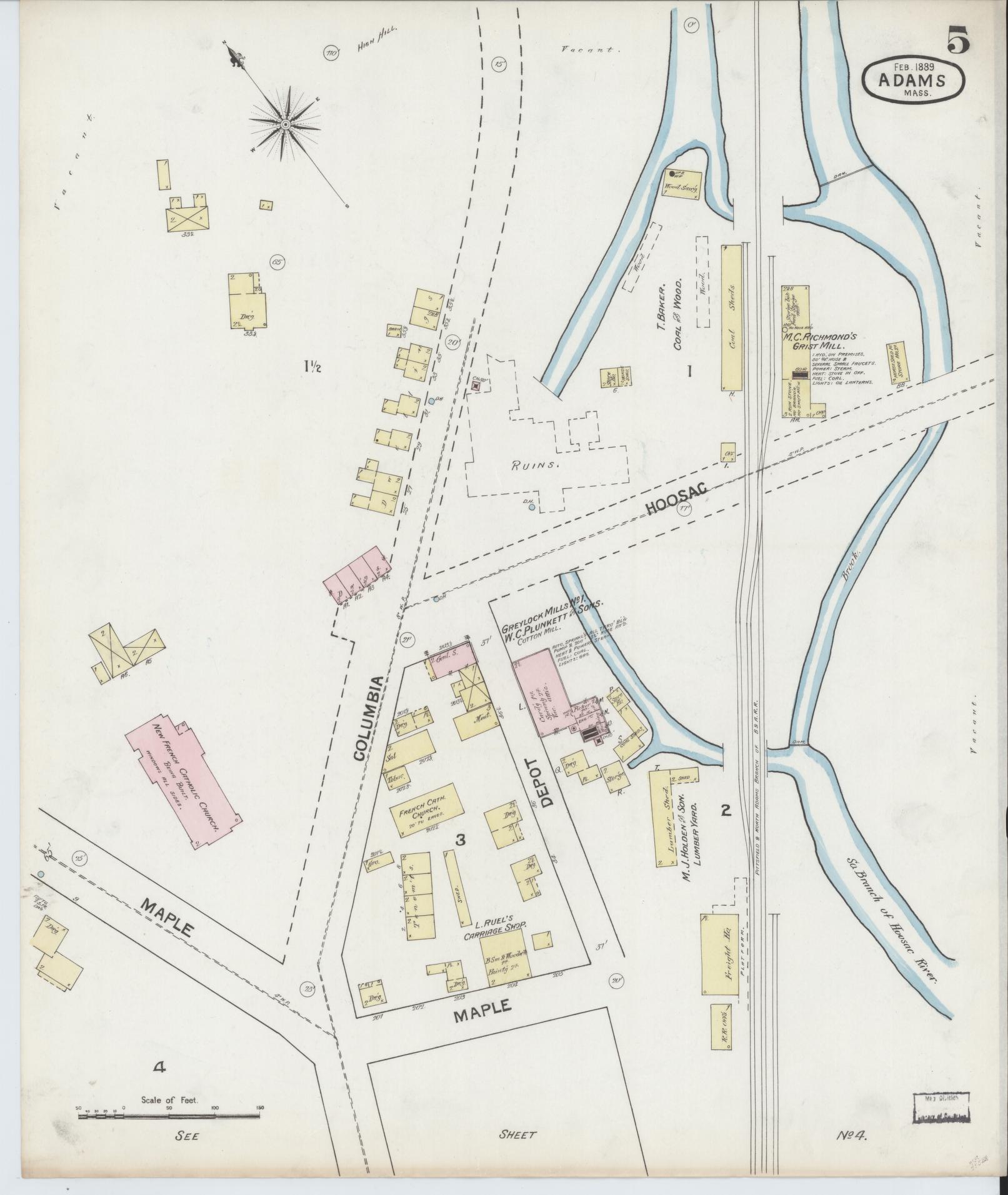 Sanborn Fire Insurance Map from Adams, Berkshire County, Massachusetts (1889), Sheet #0005 - Complete Map Set gallery image, historic Sanborn map, vintage wall art, Massachusetts Massachusetts