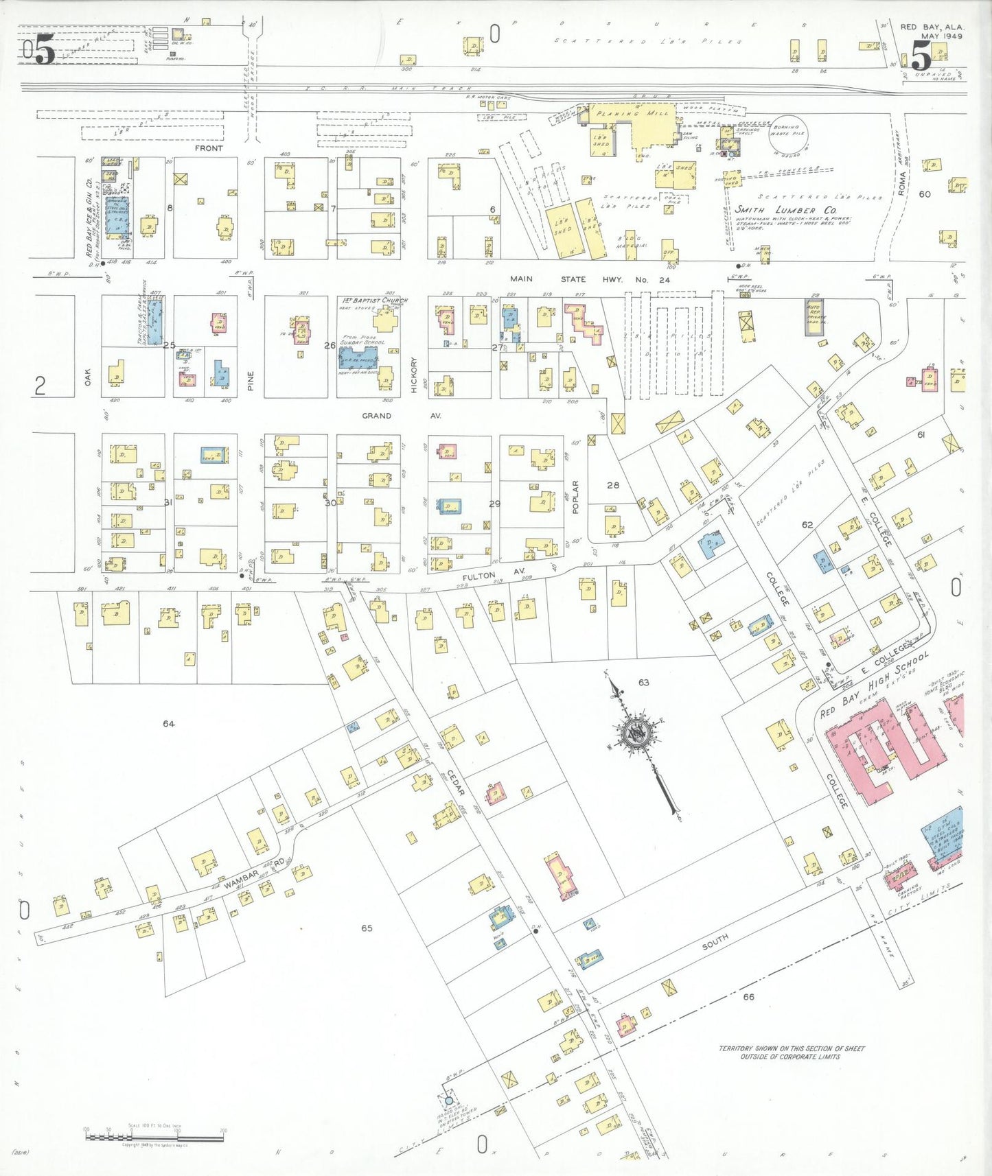 Sanborn Fire Insurance Map from Red Bay, Franklin County, Alabama (1949), Sheet #0005 - Historic Sanborn Fire Insurance Map Print, vintage old map wall art, antique decor, genealogy gift, Alabama Alabama map
