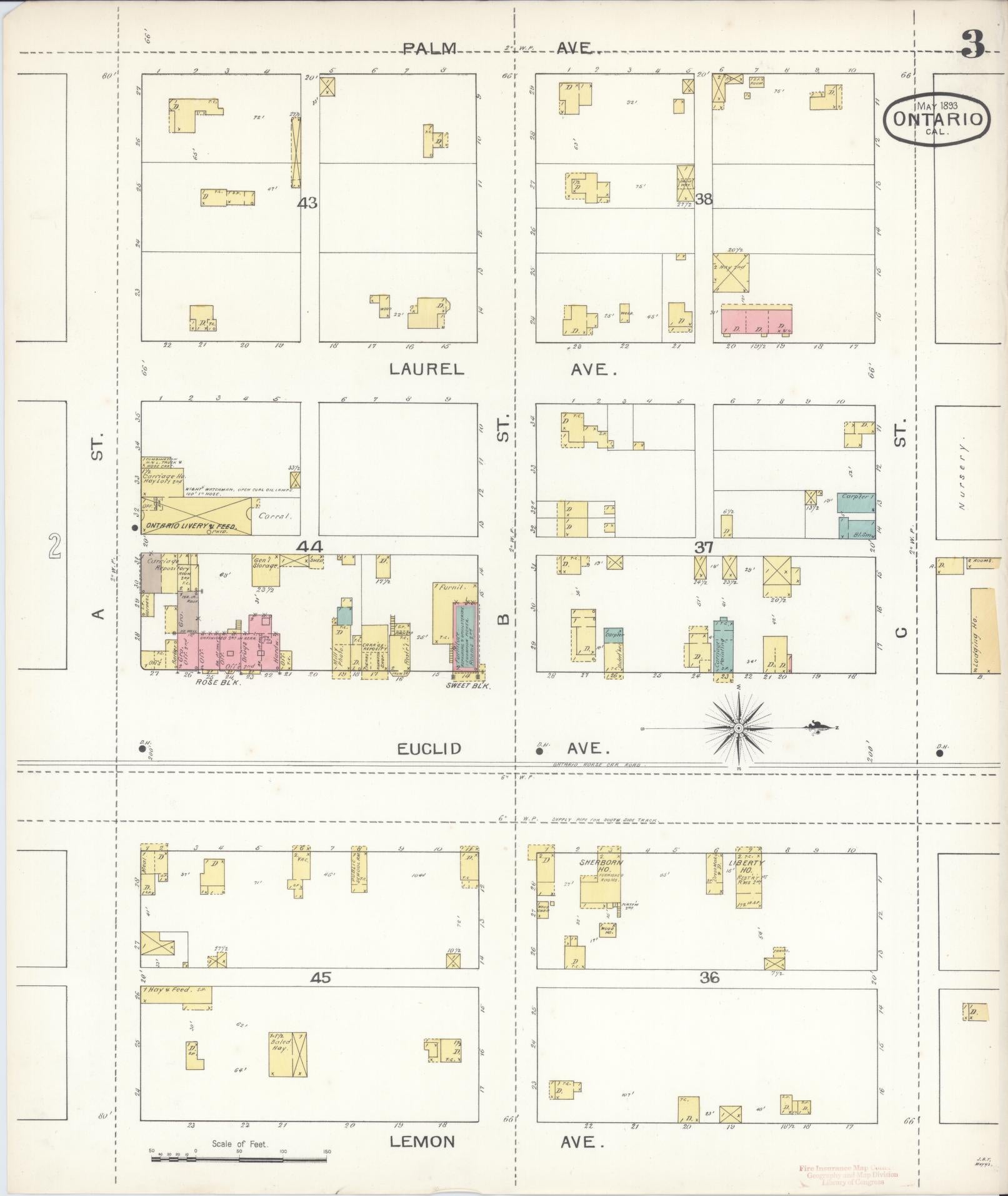 Sanborn Fire Insurance Map from Ontario, San Bernardino County, California (1893), Sheet #0003 - Historic Sanborn Fire Insurance Map Print, vintage old map wall art, antique decor, genealogy gift, California California map