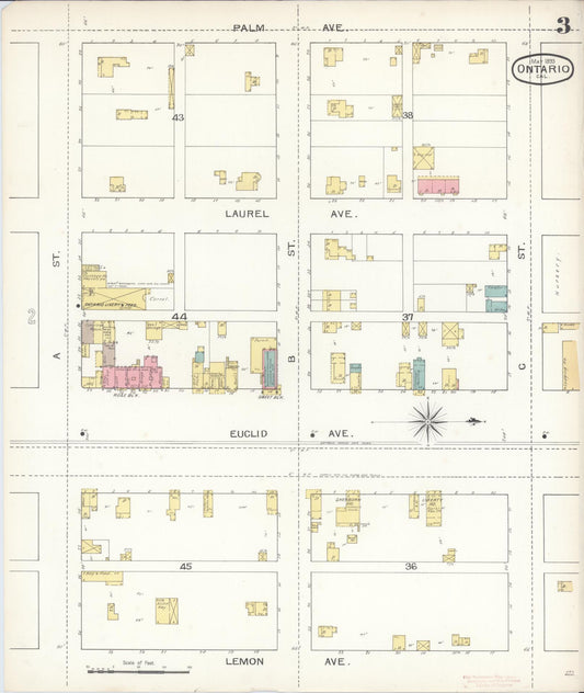Sanborn Fire Insurance Map from Ontario, San Bernardino County, California (1893), Sheet #0003 - Historic Sanborn Fire Insurance Map Print, vintage old map wall art, antique decor, genealogy gift, California California map