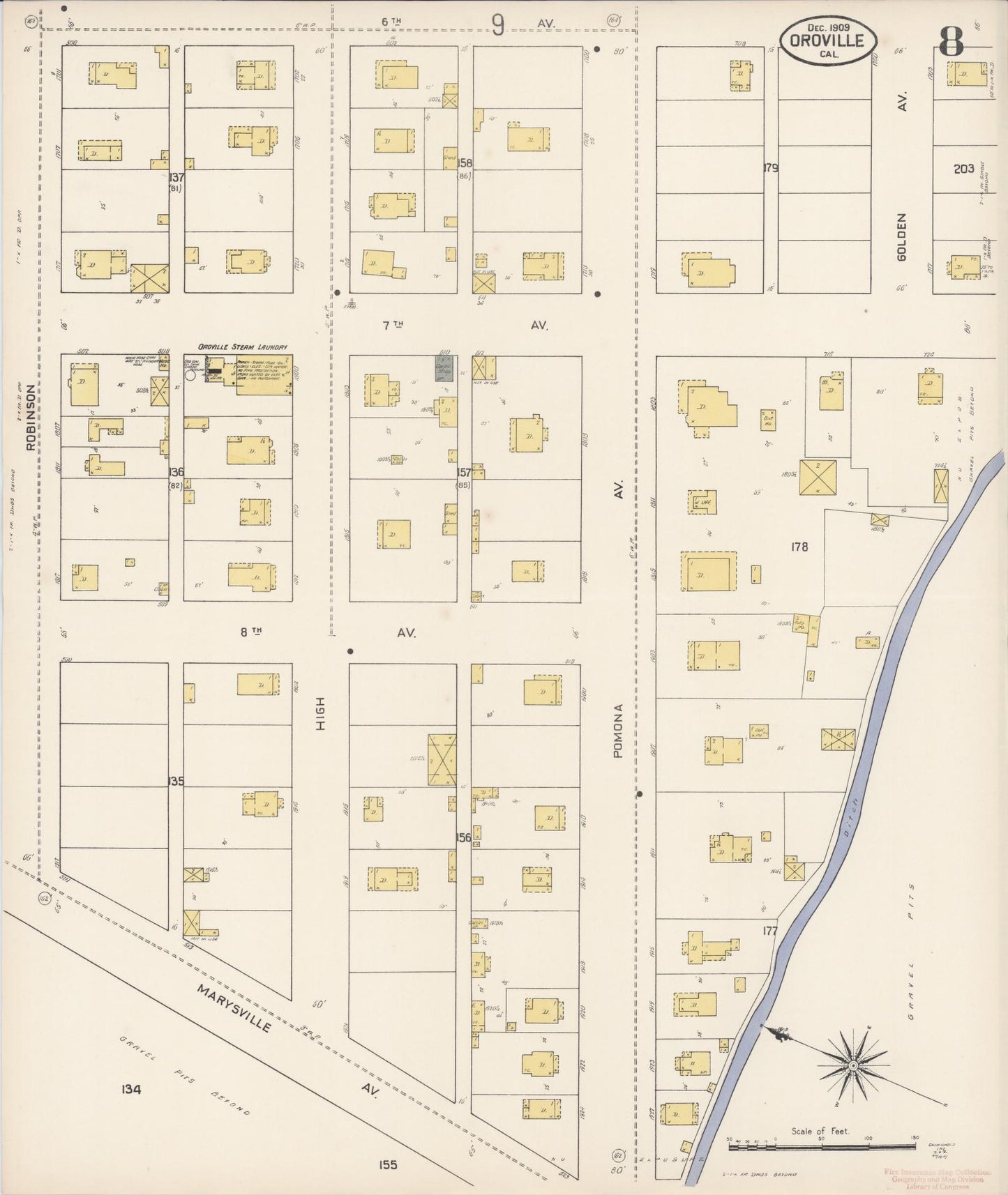 Sanborn Fire Insurance Map from Oroville, Butte County, California (1909), Sheet #0008 - Complete Map Set gallery image, historic Sanborn map, vintage wall art, California California