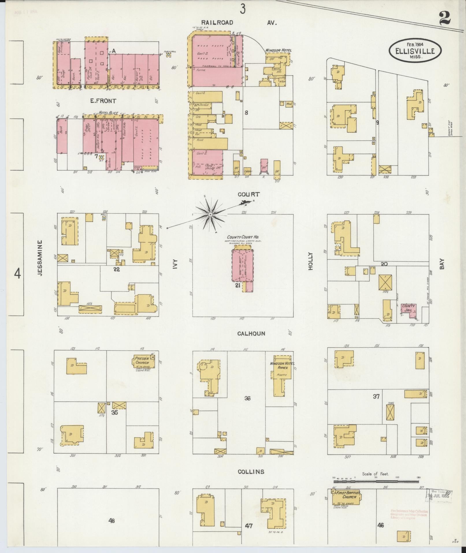 Sanborn Fire Insurance Map from Ellisville, Jones County, Mississippi (1904), Sheet #0002 - Historic Sanborn Fire Insurance Map Print, vintage old map wall art, antique decor, genealogy gift, Mississippi Mississippi map