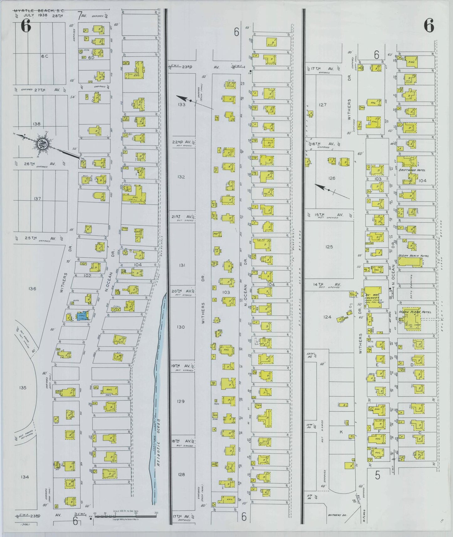 Sanborn Fire Insurance Map from Myrtle Beach, Horry County, South Carolina (1938), Sheet #0006 - Historic Sanborn Fire Insurance Map Print, vintage old map wall art, antique decor, genealogy gift, South Carolina South Carolina map