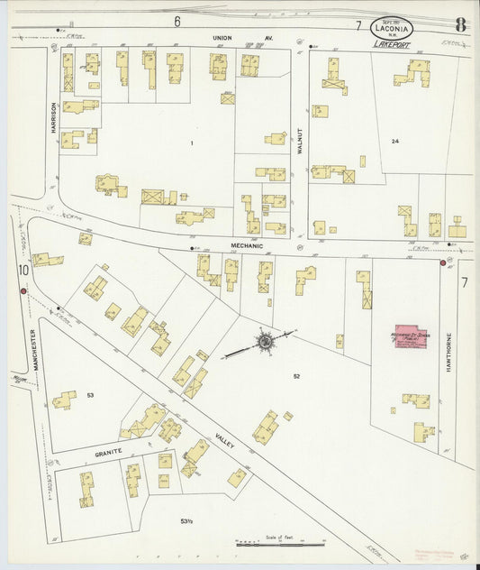 Sanborn Fire Insurance Map from Laconia, Belknap County, New Hampshire (1911), Sheet #0008 - Historic Sanborn Fire Insurance Map Print, vintage old map wall art, antique decor, genealogy gift, New Hampshire New Hampshire map