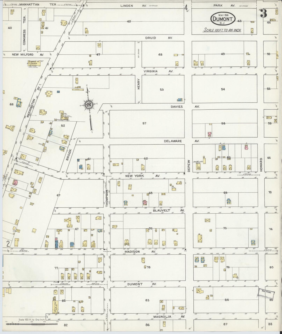 Sanborn Fire Insurance Map from Dumont, Bergen County, New Jersey (1916), Sheet #0003 - Historic Sanborn Fire Insurance Map Print, vintage old map wall art, antique decor, genealogy gift, New Jersey New Jersey map