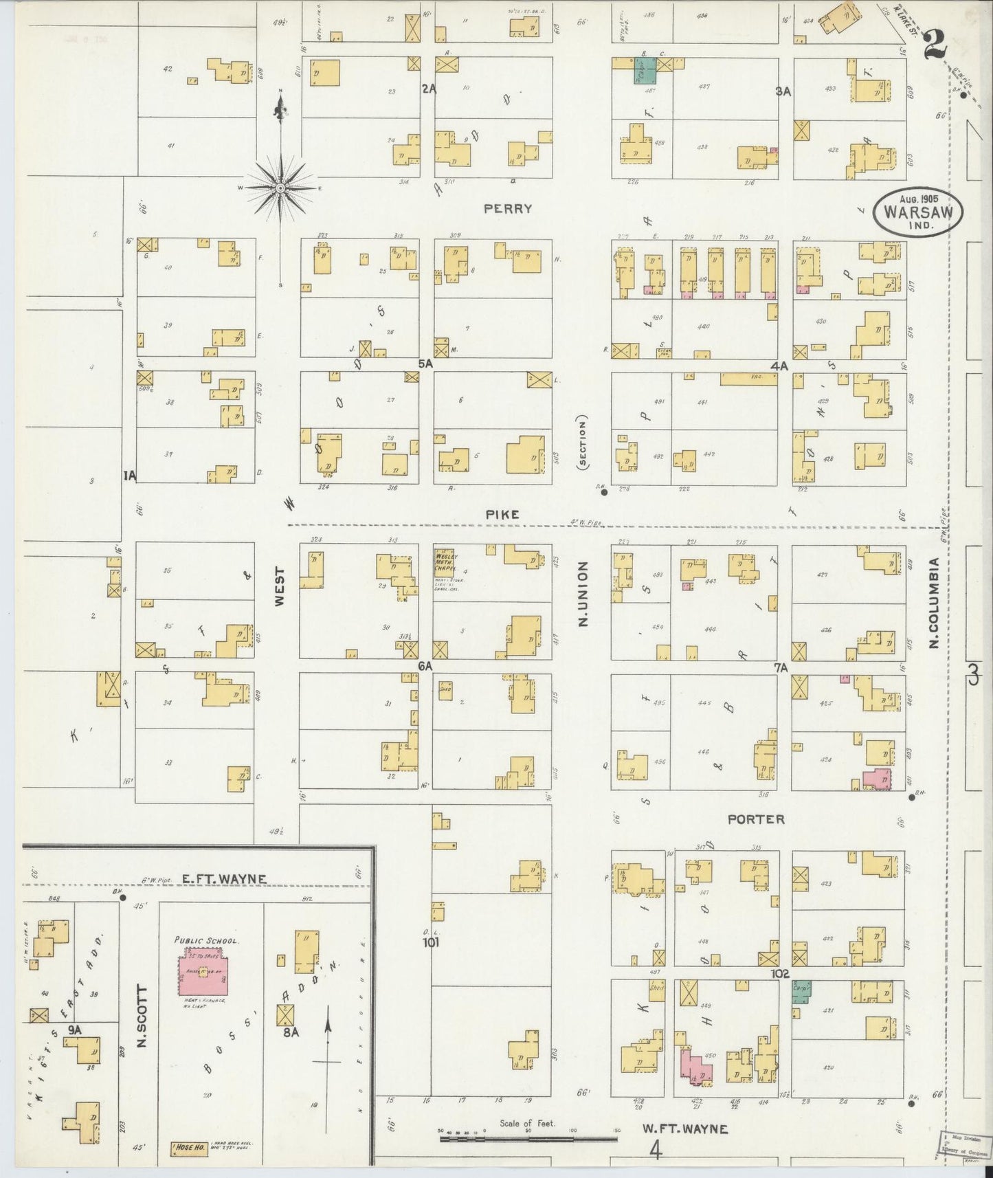 Sanborn Fire Insurance Map from Warsaw, Kosciusko County, Indiana (1905), Sheet #0002 - Complete Map Set gallery image, historic Sanborn map, vintage wall art, Indiana Indiana