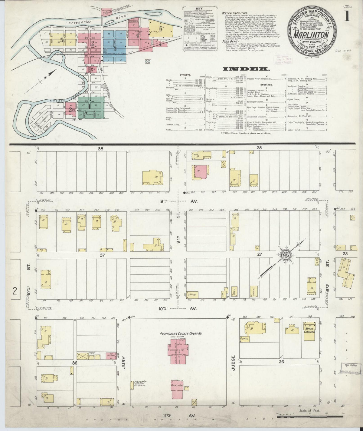 Sanborn Fire Insurance Map from Marlinton, Pocahontas County, West Virginia (1912), Sheet #0001 - Complete Map Set gallery image, historic Sanborn map, vintage wall art, West Virginia West Virginia