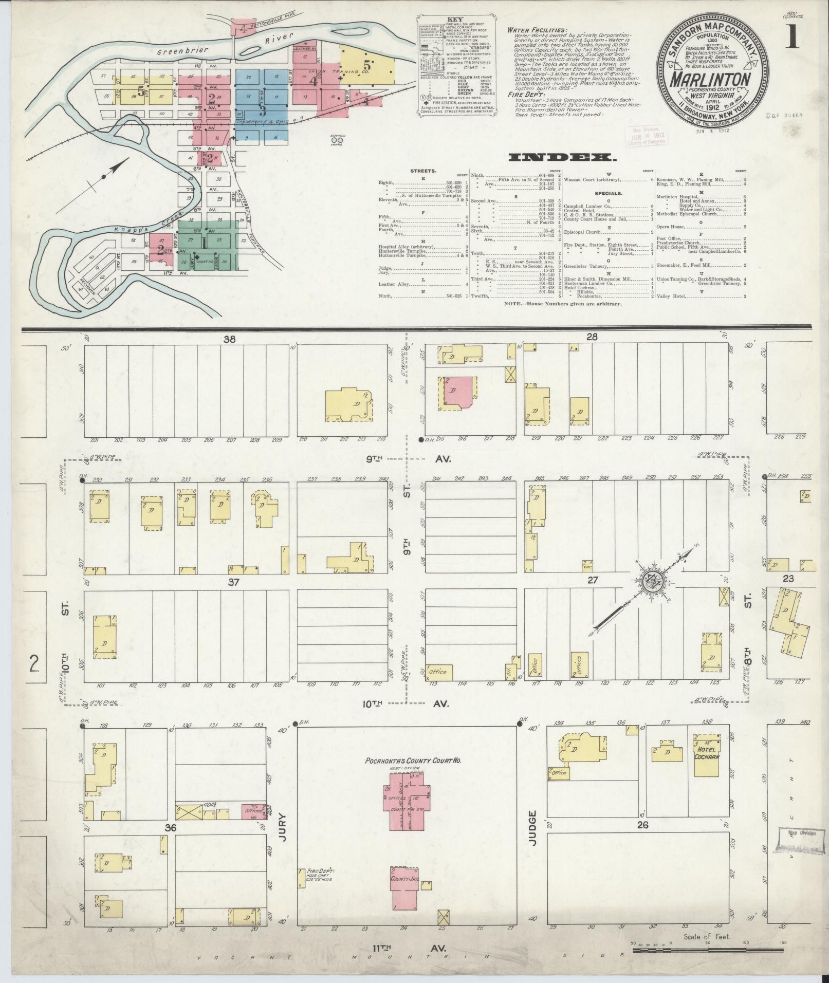 Sanborn Fire Insurance Map from Marlinton, Pocahontas County, West Virginia (1912), Sheet #0001 - Complete Map Set gallery image, historic Sanborn map, vintage wall art, West Virginia West Virginia