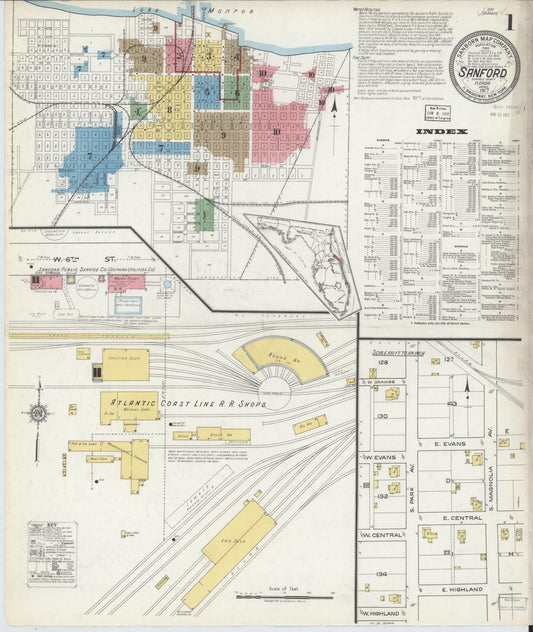 Sanborn Fire Insurance Map from Sanford, Seminole County, Florida (1917), Sheet #0001 - Historic Sanborn Fire Insurance Map Print, vintage old map wall art, antique decor, genealogy gift, Florida Florida map