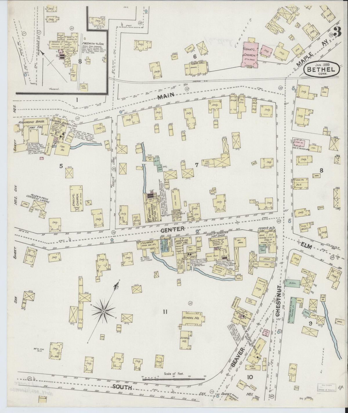 Sanborn Fire Insurance Map from Bethel, Fairfield County, Connecticut (1889), Sheet #0003 - Historic Sanborn Fire Insurance Map Print, vintage old map wall art, antique decor, genealogy gift, Connecticut Connecticut map