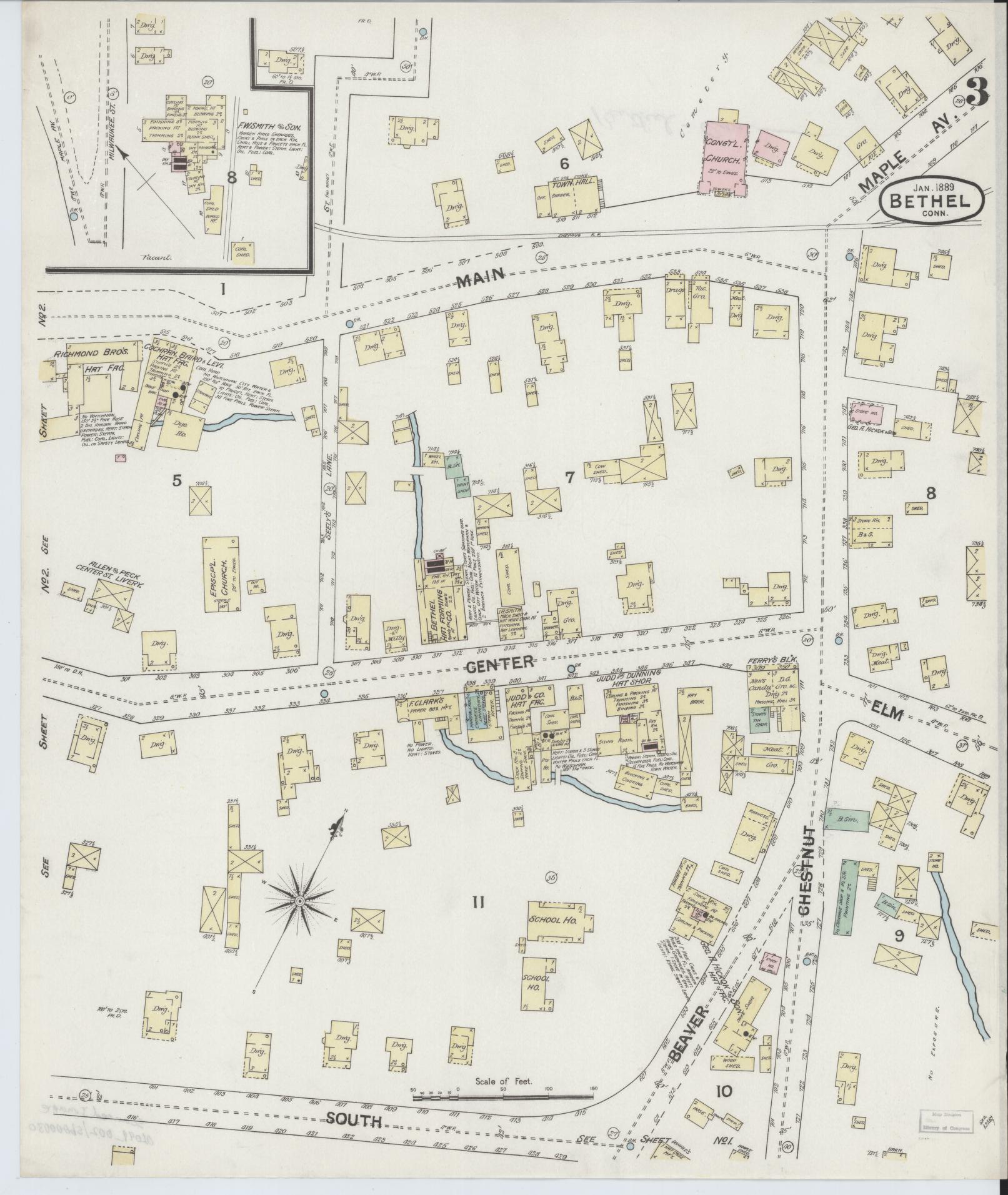 Sanborn Fire Insurance Map from Bethel, Fairfield County, Connecticut (1889), Sheet #0003 - Historic Sanborn Fire Insurance Map Print, vintage old map wall art, antique decor, genealogy gift, Connecticut Connecticut map