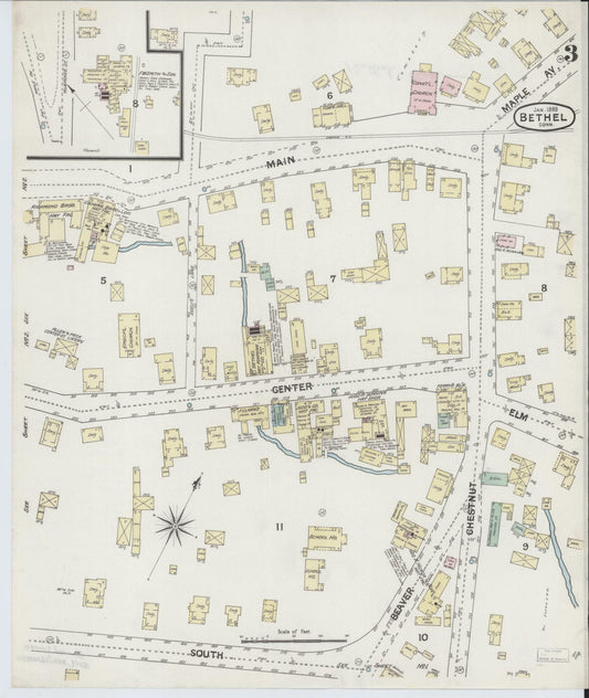 Sanborn Fire Insurance Map from Bethel, Fairfield County, Connecticut (1889), Sheet #0003 - Historic Sanborn Fire Insurance Map Print, vintage old map wall art, antique decor, genealogy gift, Connecticut Connecticut map