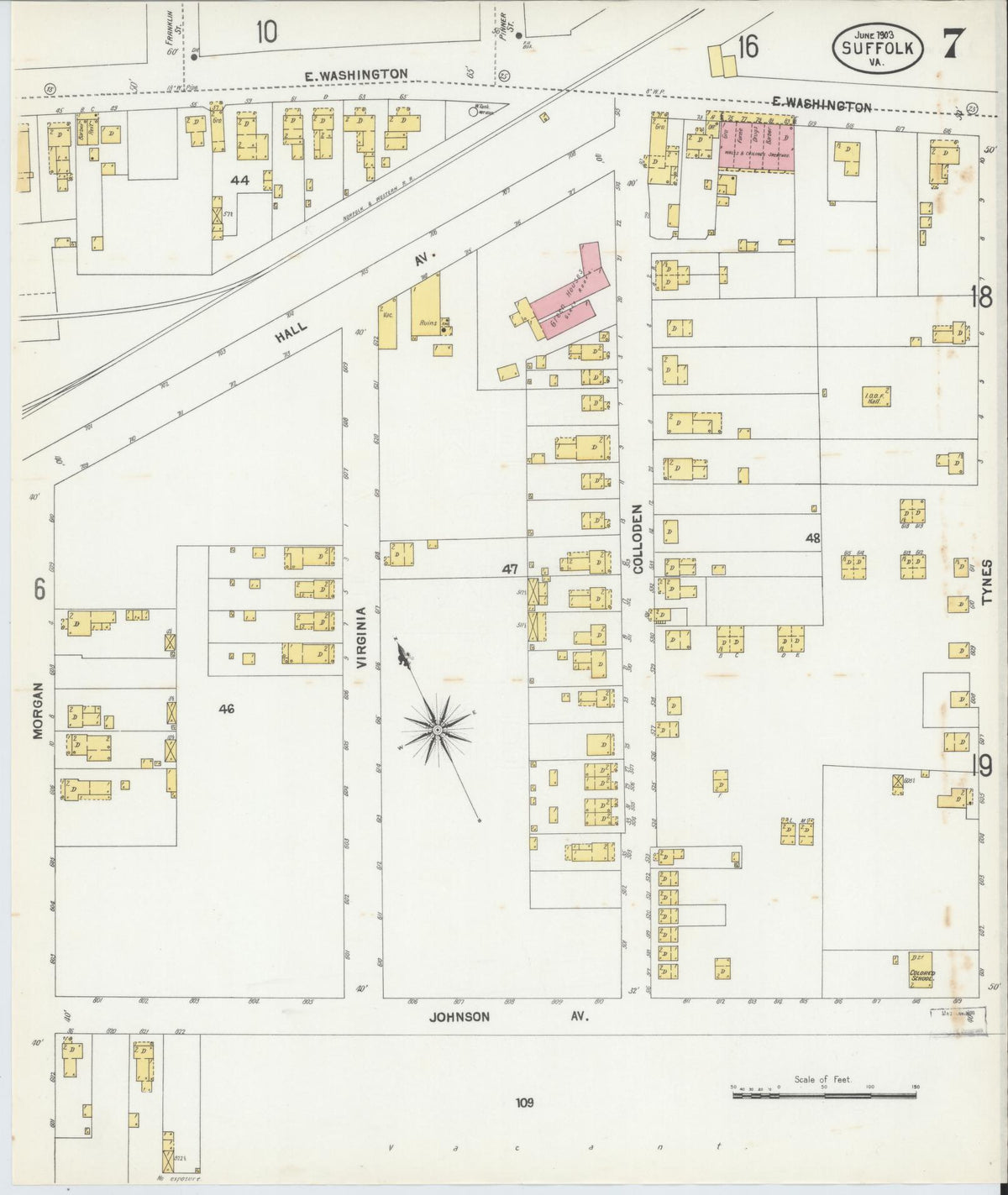 Sanborn Fire Insurance Map from Suffolk, Independent Cities, Virginia (1903), Sheet #0007 - Historic Sanborn Fire Insurance Map Print, vintage old map wall art, antique decor, genealogy gift, Virginia Virginia map