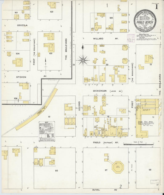 Sanborn Fire Insurance Map from Pablo Beach, Duval County, Florida (1909), Sheet #0001 - Historic Sanborn Fire Insurance Map Print, vintage old map wall art, antique decor, genealogy gift, Florida Florida map