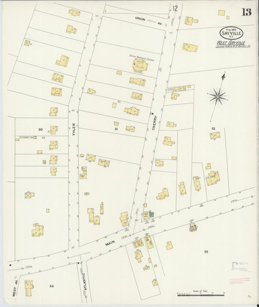 Sanborn Fire Insurance Map from Sayville, Suffolk County, New York (1909), Sheet #0013 - Historic Sanborn Fire Insurance Map Print, vintage old map wall art, antique decor, genealogy gift, New York New York map