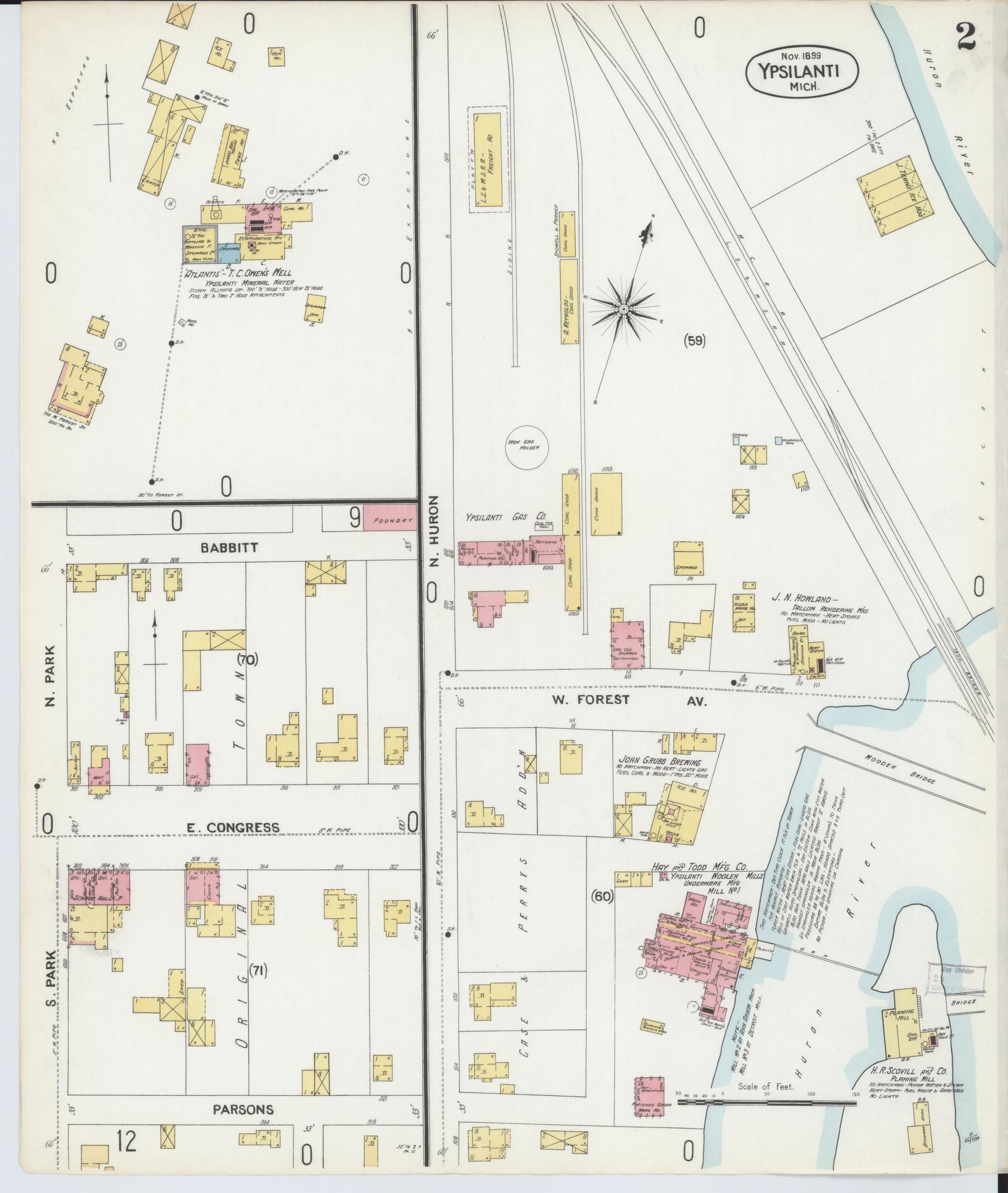 Sanborn Fire Insurance Map from Ypsilanti, Washtenaw County, Michigan (1899), Sheet #0002 - Complete Map Set gallery image, historic Sanborn map, vintage wall art, Michigan Michigan