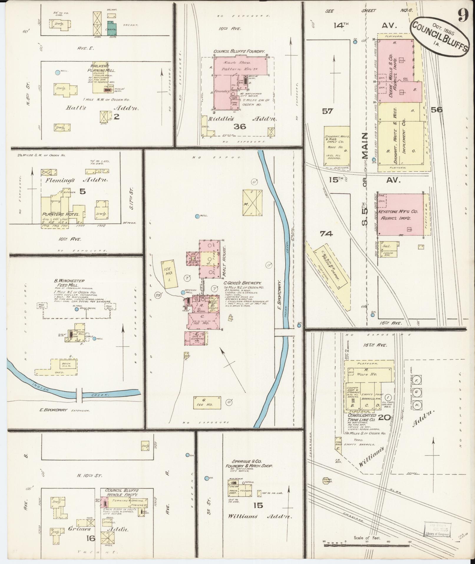 Sanborn Fire Insurance Map from Council Bluffs, Pottawattamie County, Iowa (1885), Sheet #0009 - Historic Sanborn Fire Insurance Map Print, vintage old map wall art