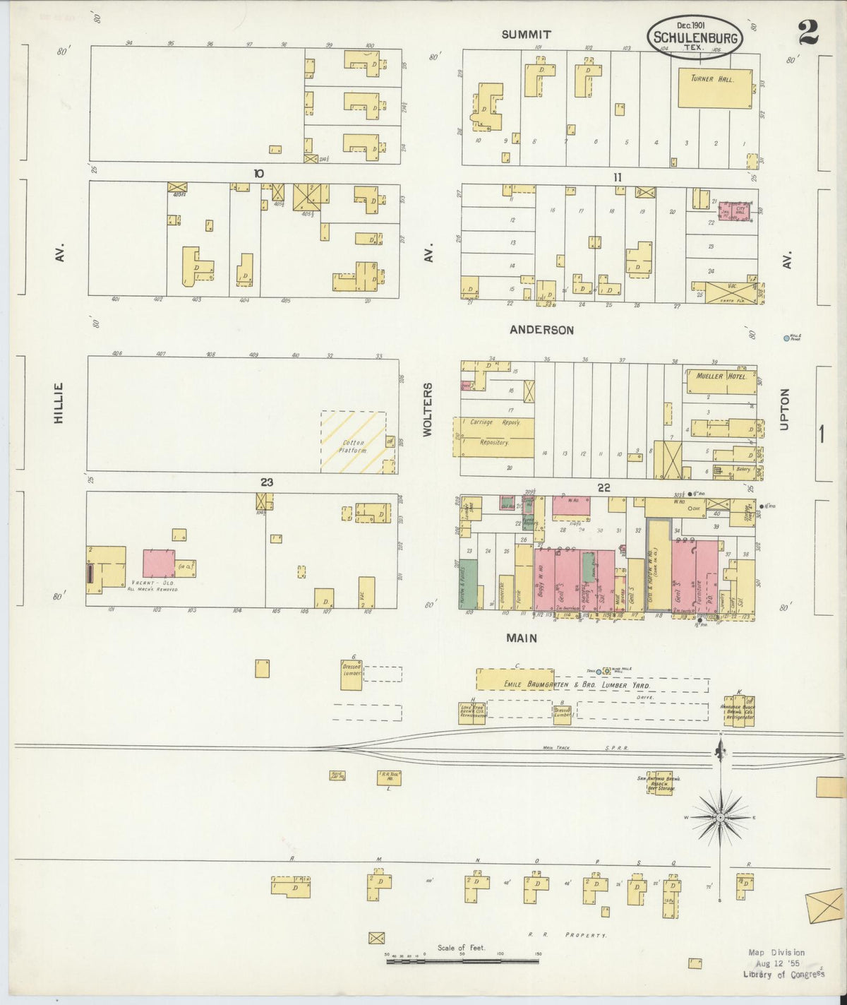 Sanborn Fire Insurance Map from Schulenburg, Fayette County, Texas (1901), Sheet #0002 - Complete Map Set gallery image, historic Sanborn map, vintage wall art, Texas Texas