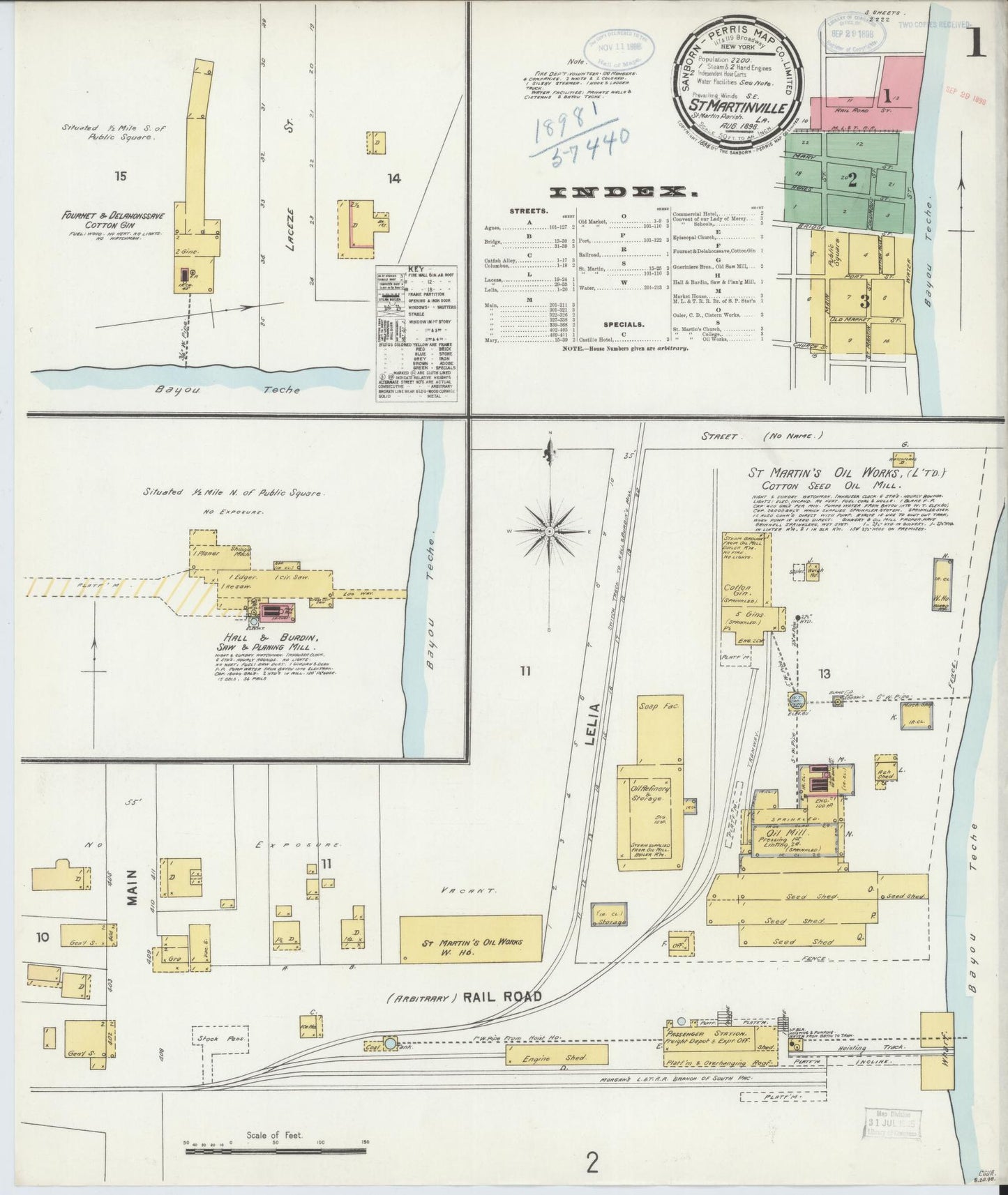 Sanborn Fire Insurance Map from Saint Martinville, Saint Martin Parish, Louisiana (1898), Sheet #0001 - Historic Sanborn Fire Insurance Map Print, vintage old map wall art, antique decor, genealogy gift, Louisiana Louisiana map