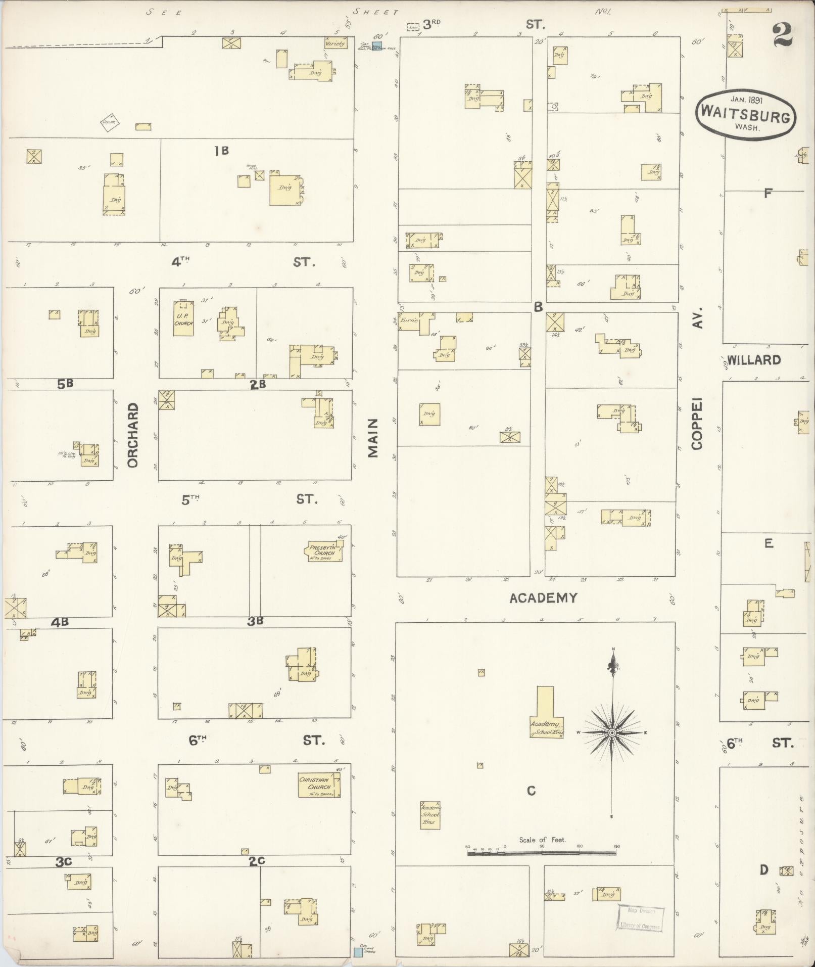 Sanborn Fire Insurance Map from Waitsburg, Walla Walla County, Washington (1891), Sheet #0002 - Complete Map Set gallery image, historic Sanborn map, vintage wall art, Washington Washington