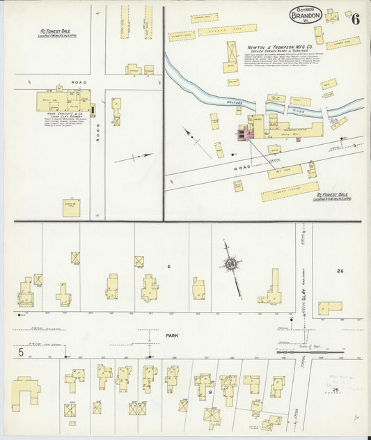Sanborn Fire Insurance Map from Brandon, Rutland County, Vermont (1909), Sheet #0006 - Historic Sanborn Fire Insurance Map Print, vintage old map wall art, antique decor, genealogy gift, Vermont Vermont map