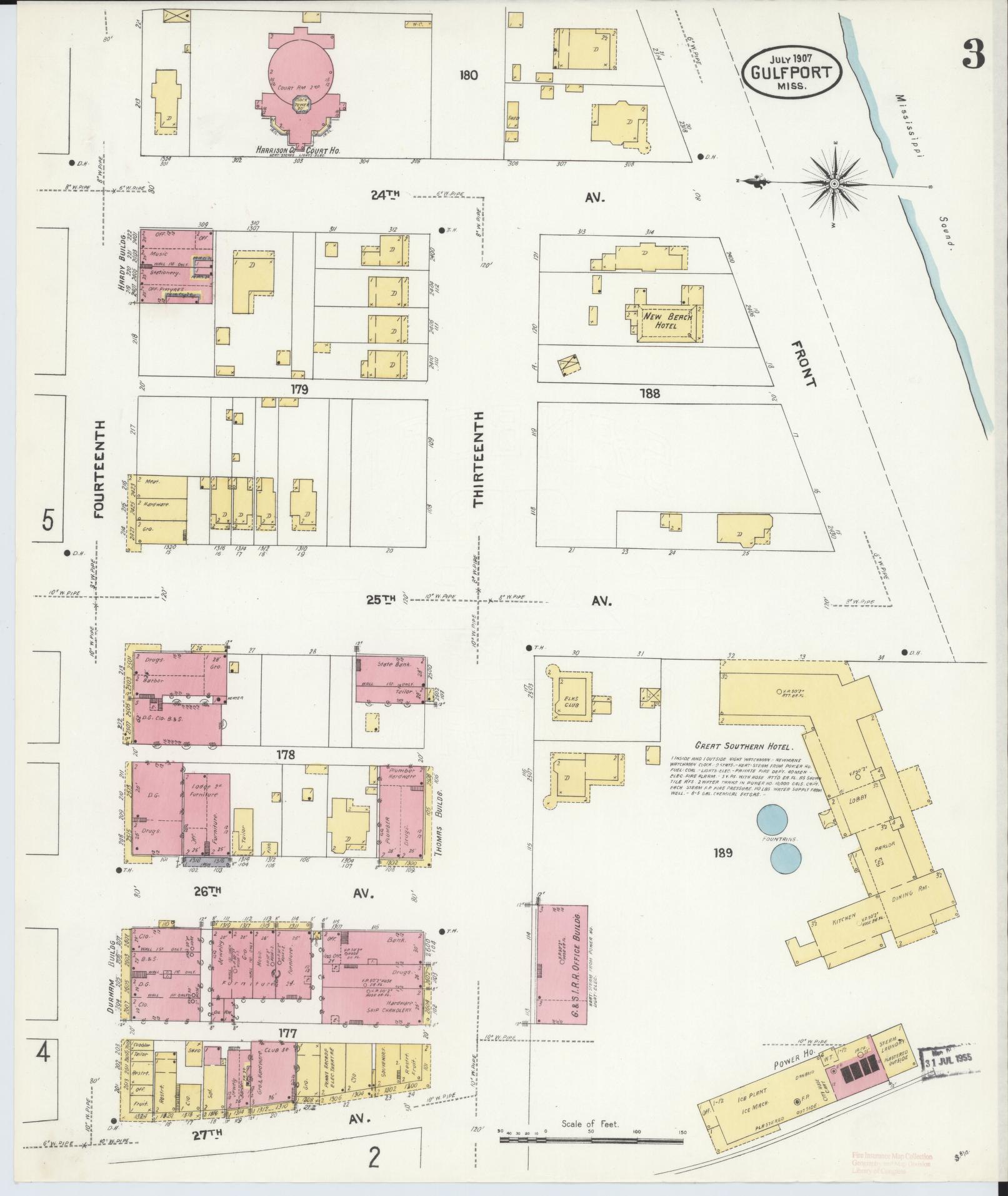 Sanborn Fire Insurance Map from Gulfport, Harrison County, Mississippi (1907), Sheet #0003 - Complete Map Set gallery image, historic Sanborn map, vintage wall art, Mississippi Mississippi