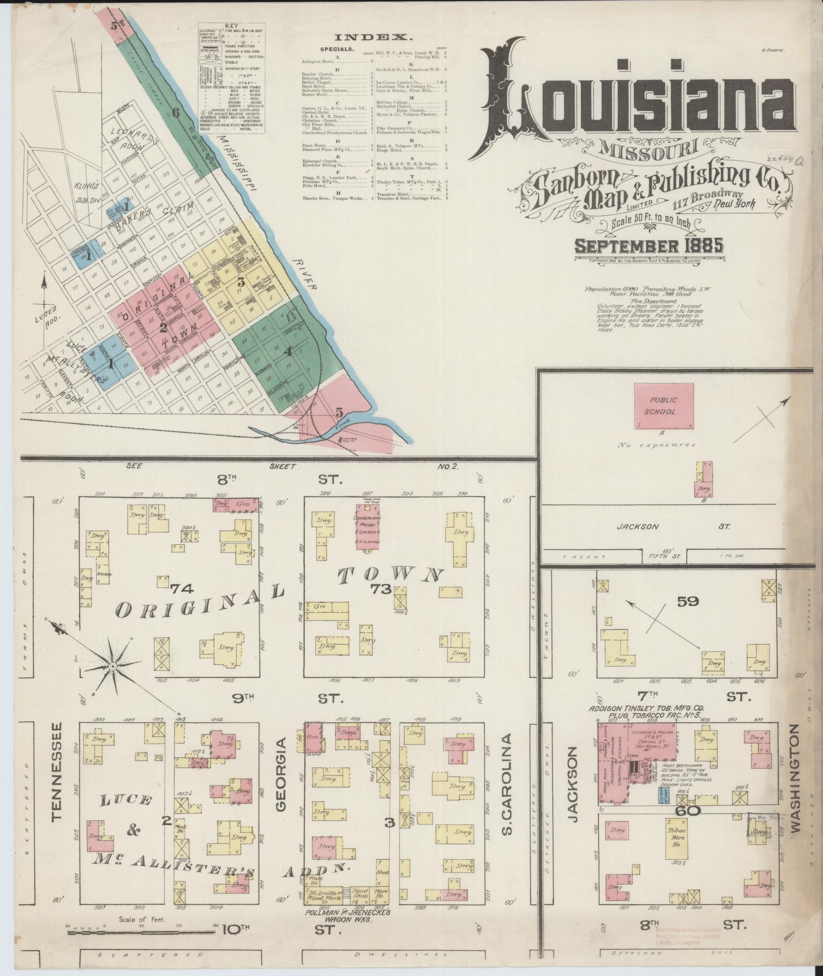 Sanborn Fire Insurance Map from Louisiana, Pike County, Missouri (1885), Sheet #0001 - Complete Map Set gallery image, historic Sanborn map, vintage wall art, Missouri Missouri