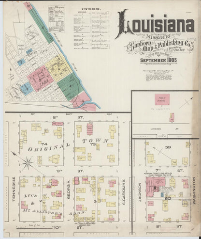 Sanborn Fire Insurance Map from Louisiana, Pike County, Missouri (1885), Sheet #0001 - Complete Map Set gallery image, historic Sanborn map, vintage wall art, Missouri Missouri