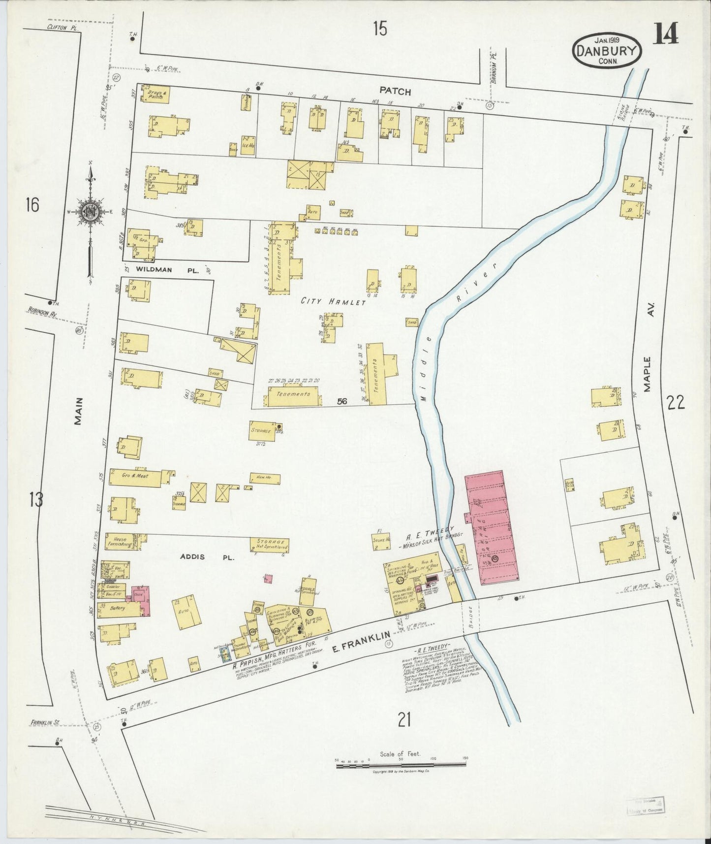 Sanborn Fire Insurance Map from Danbury, Fairfield County, Connecticut (1919), Sheet #0014 - Complete Map Set gallery image, historic Sanborn map, vintage wall art, Connecticut Connecticut