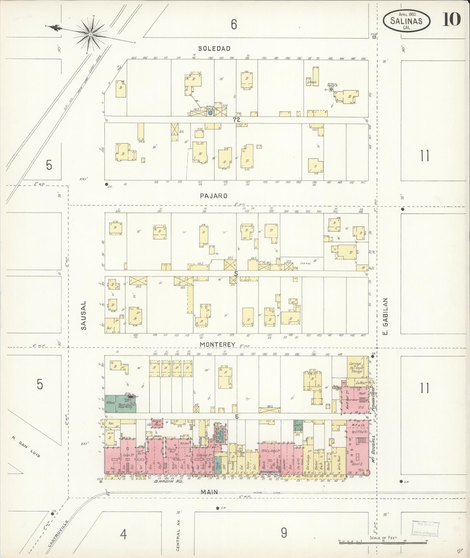 Sanborn Fire Insurance Map from Salinas, Monterey County, California (1900), Sheet #0010 - Complete Map Set gallery image, historic Sanborn map, vintage wall art, California California