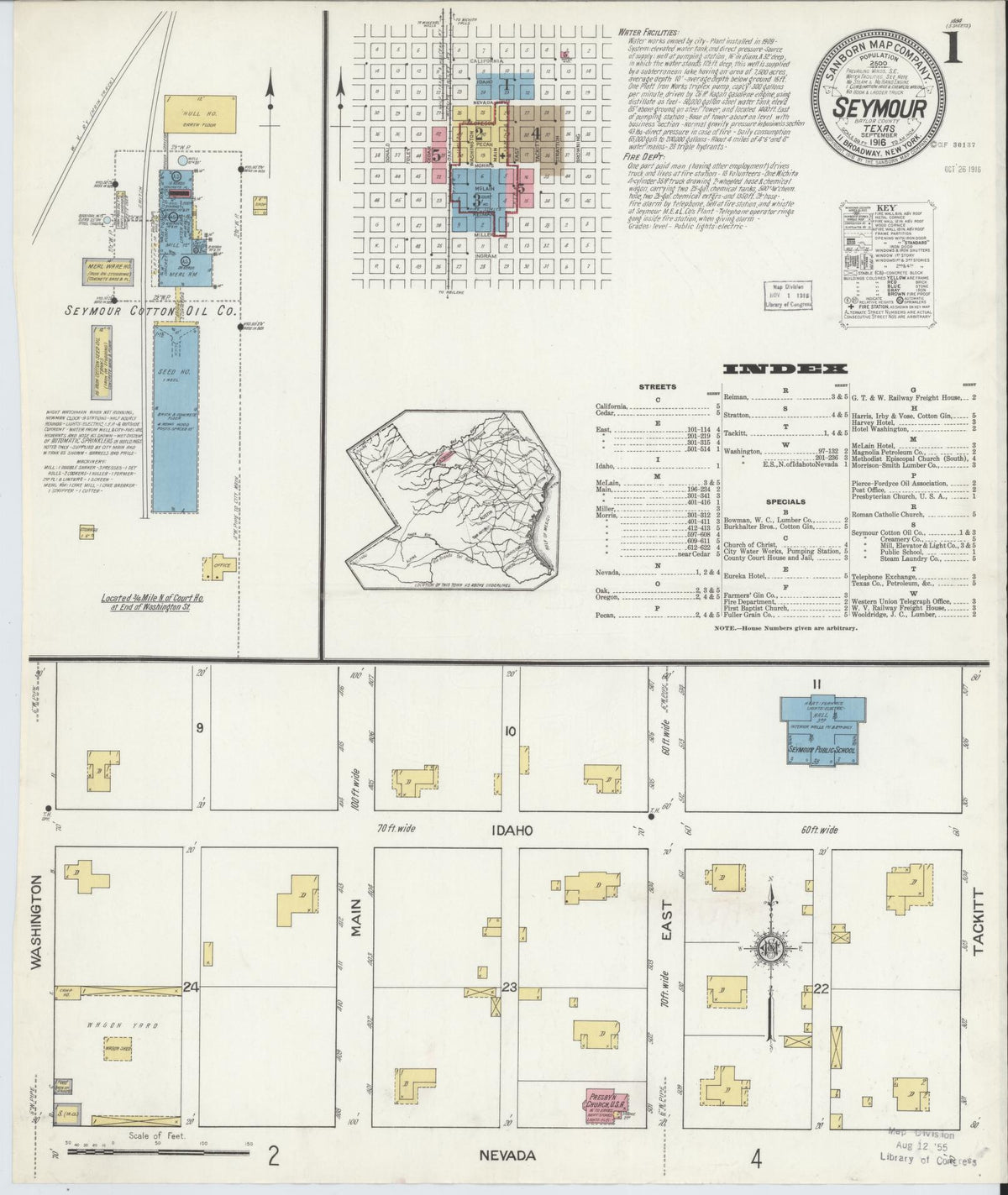 Sanborn Fire Insurance Map from Seymour, Baylor County, Texas (1916), Sheet #0001 - Historic Sanborn Fire Insurance Map Print, vintage old map wall art, antique decor, genealogy gift, Texas Texas map