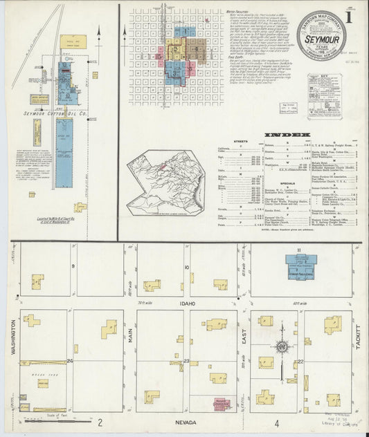 Sanborn Fire Insurance Map from Seymour, Baylor County, Texas (1916), Sheet #0001 - Historic Sanborn Fire Insurance Map Print, vintage old map wall art, antique decor, genealogy gift, Texas Texas map