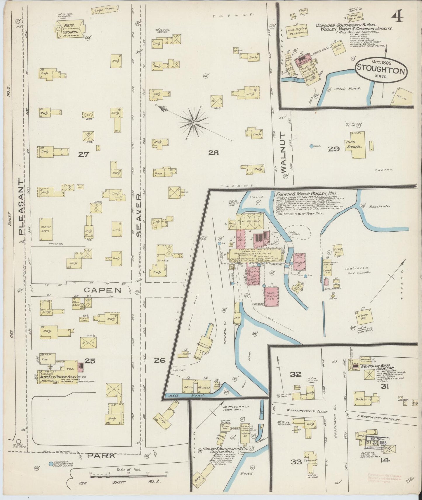 Sanborn Fire Insurance Map from Stoughton, Norfolk County, Massachusetts (1885), Sheet #0004 - Complete Map Set gallery image, historic Sanborn map, vintage wall art, Massachusetts Massachusetts