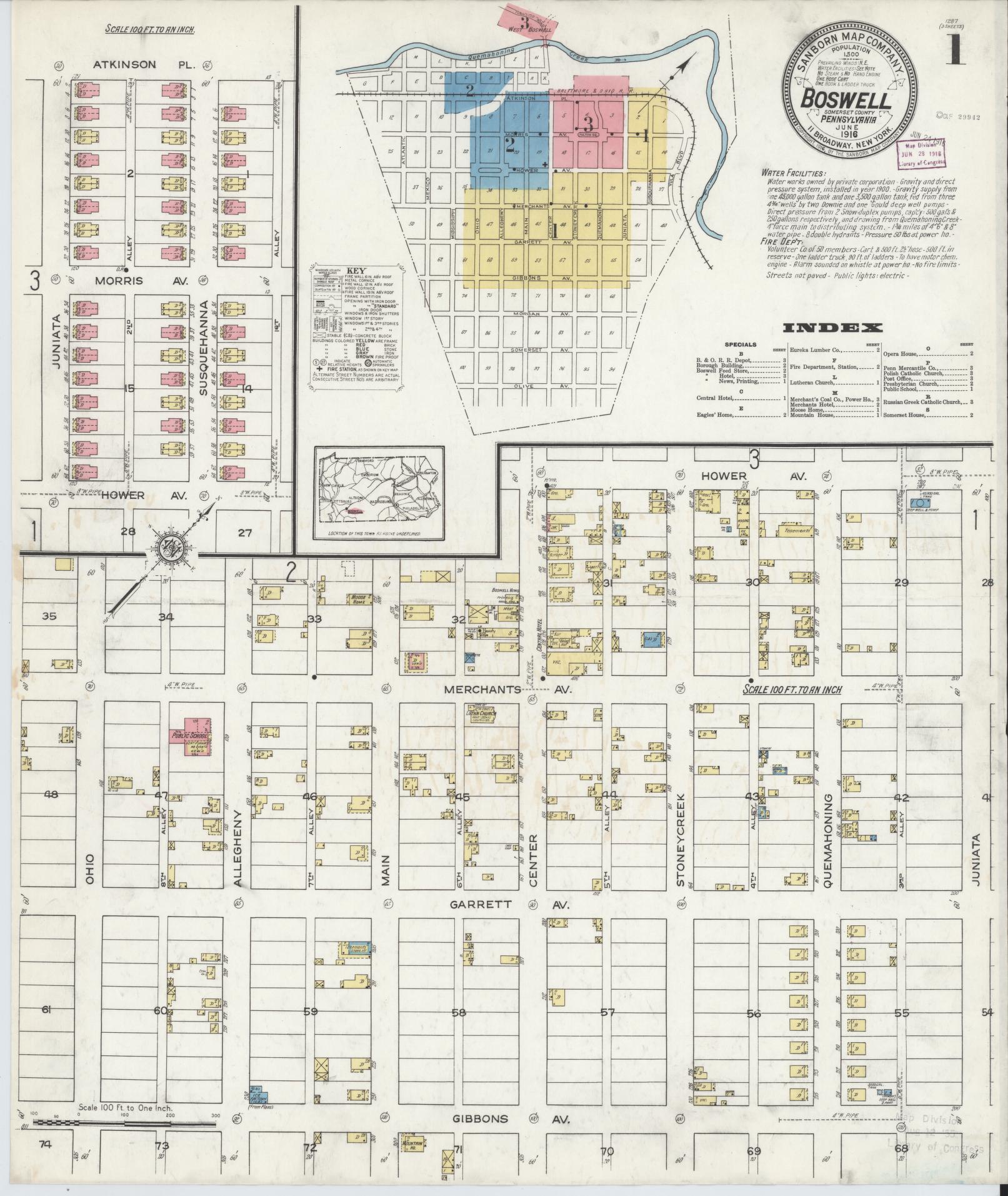 Sanborn Fire Insurance Map from Boswell, Somerset County, Pennsylvania (1916), Sheet #0001 - Historic Sanborn Fire Insurance Map Print, vintage old map wall art, antique decor, genealogy gift, Pennsylvania Pennsylvania map