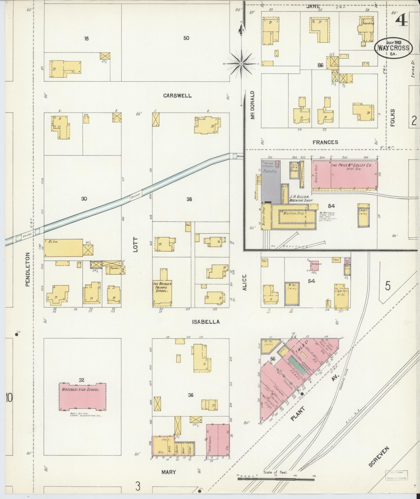 Sanborn Fire Insurance Map from Waycross, Ware County, Georgia (1903), Sheet #0004 - Historic Sanborn Fire Insurance Map Print, vintage old map wall art, antique decor, genealogy gift, Georgia Georgia map