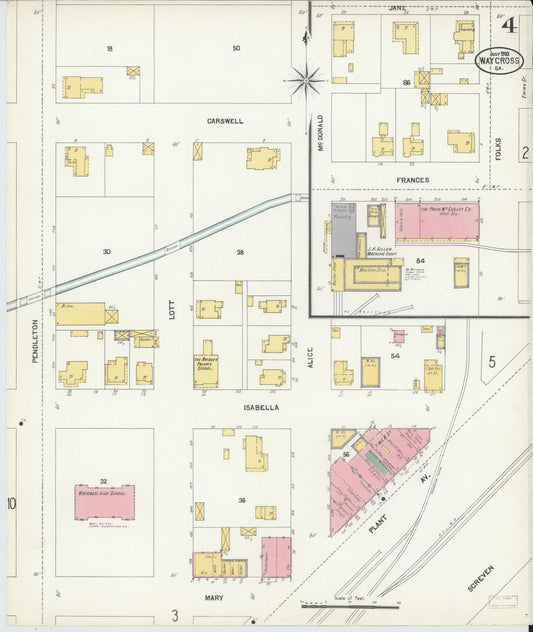Sanborn Fire Insurance Map from Waycross, Ware County, Georgia (1903), Sheet #0004 - Historic Sanborn Fire Insurance Map Print, vintage old map wall art, antique decor, genealogy gift, Georgia Georgia map