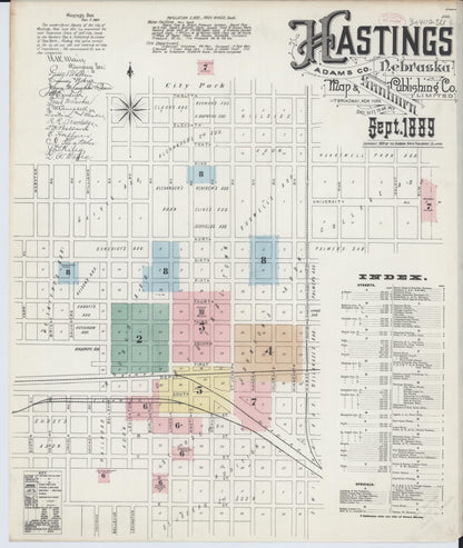 Sanborn Fire Insurance Map from Hastings, Adams County, Nebraska (1889), Sheet #0001 - Complete Map Set gallery image, historic Sanborn map, vintage wall art, Nebraska Nebraska