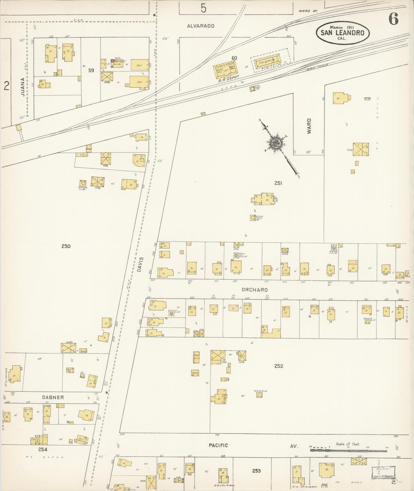 Sanborn Fire Insurance Map from San Leandro, Alameda County, California (1911), Sheet #0006 - Complete Map Set gallery image, historic Sanborn map, vintage wall art, California California