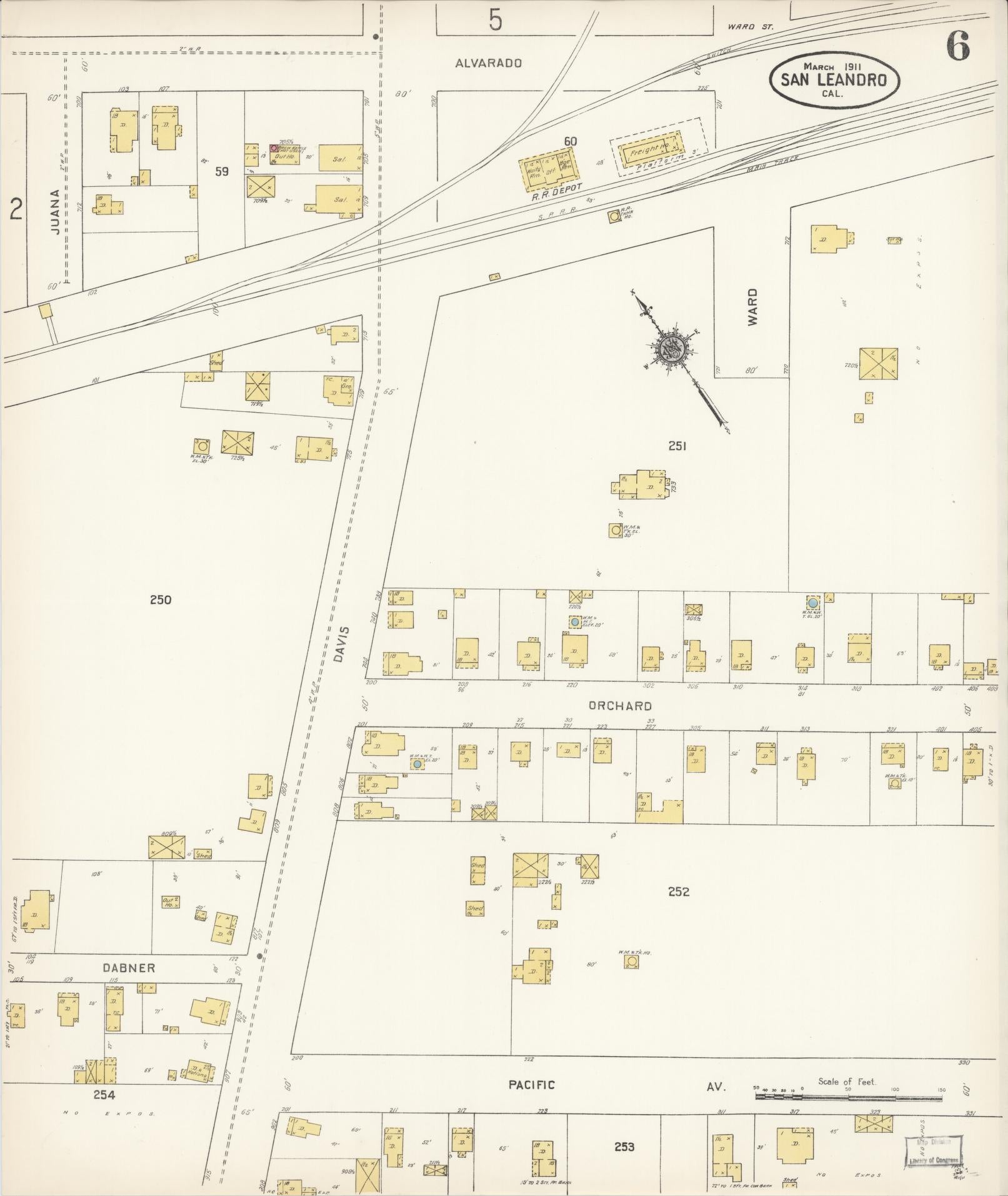 Sanborn Fire Insurance Map from San Leandro, Alameda County, California (1911), Sheet #0006 - Complete Map Set gallery image, historic Sanborn map, vintage wall art, California California