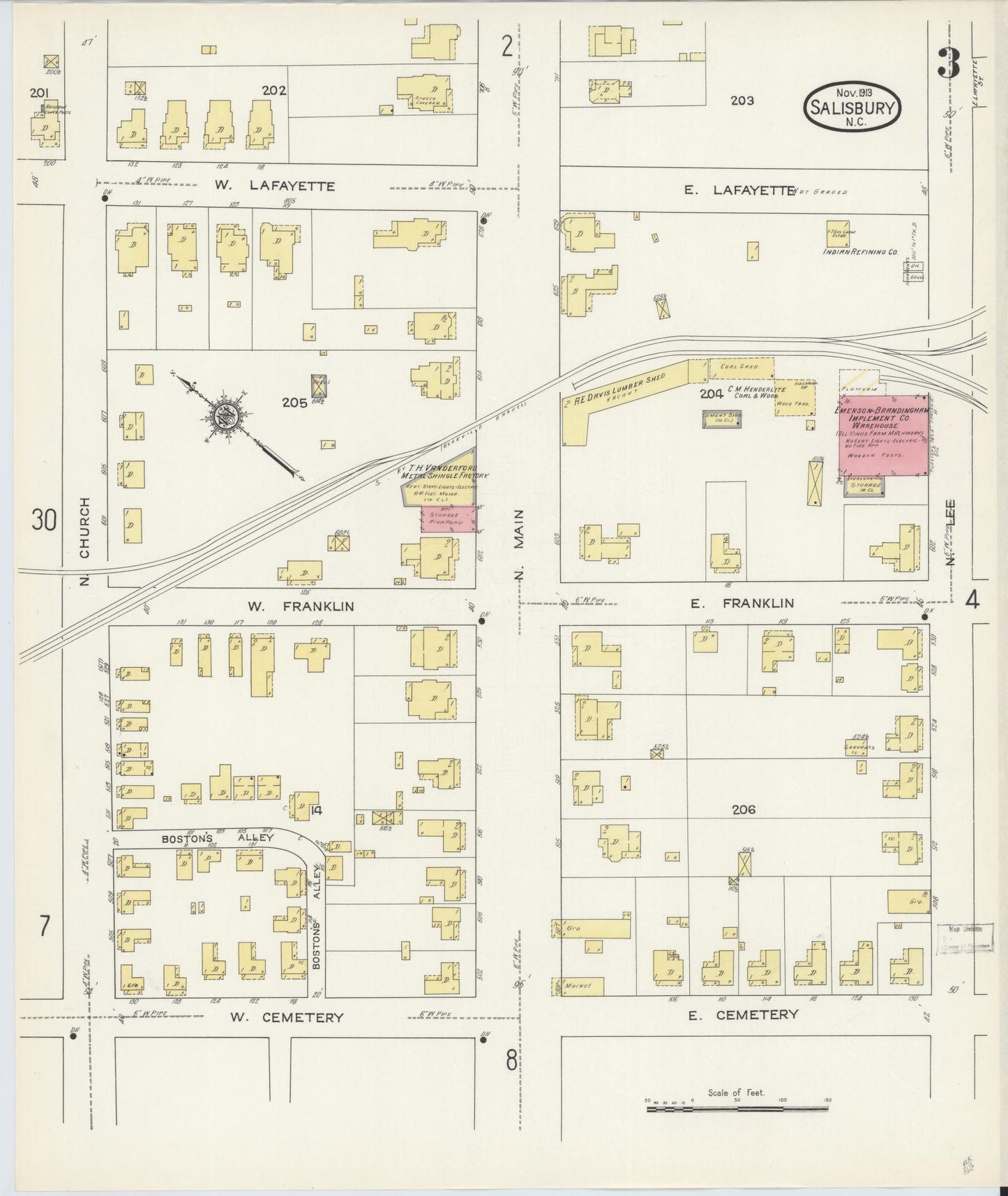 Sanborn Fire Insurance Map from Salisbury, Rowan County, North Carolina (1913), Sheet #0003 - Historic Sanborn Fire Insurance Map Print, vintage old map wall art, antique decor, genealogy gift, North Carolina North Carolina map