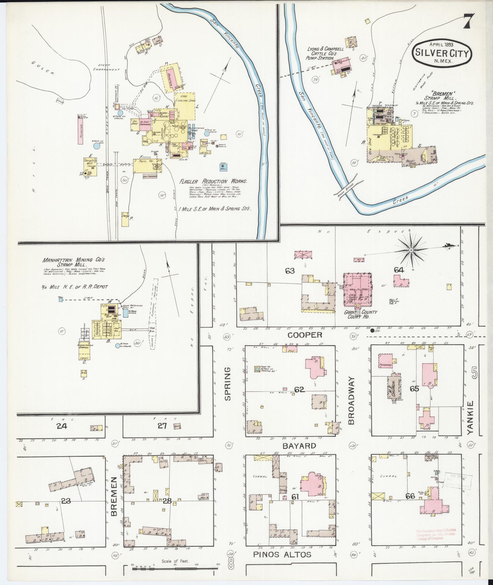 Sanborn Fire Insurance Map from Silver City, Grant County, New Mexico (1893), Sheet #0007 - Historic Sanborn Fire Insurance Map Print, vintage old map wall art, antique decor, genealogy gift, New Mexico New Mexico map