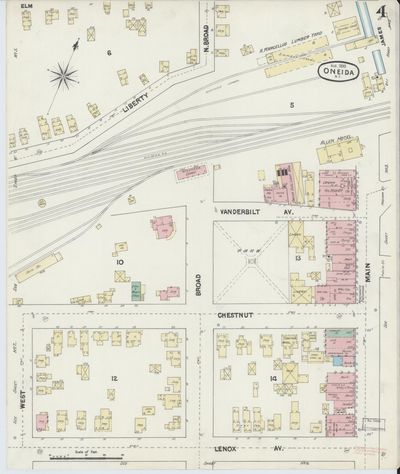 Sanborn Fire Insurance Map from Oneida, Madison County, New York (1890), Sheet #0004 - Historic Sanborn Fire Insurance Map Print, vintage old map wall art, antique decor, genealogy gift, New York New York map