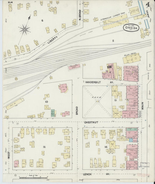 Sanborn Fire Insurance Map from Oneida, Madison County, New York (1890), Sheet #0004 - Historic Sanborn Fire Insurance Map Print, vintage old map wall art, antique decor, genealogy gift, New York New York map