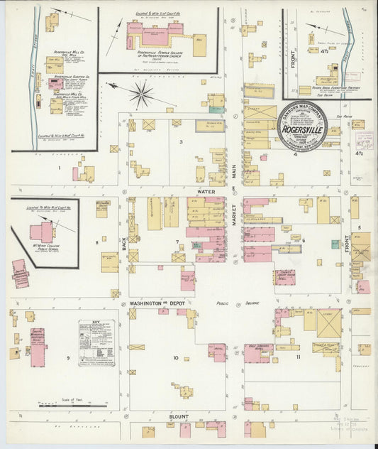 Sanborn Fire Insurance Map from Rogersville, Hawkins County, Tennessee (1908), Sheet #0001 - Historic Sanborn Fire Insurance Map Print, vintage old map wall art, antique decor, genealogy gift, Tennessee Tennessee map