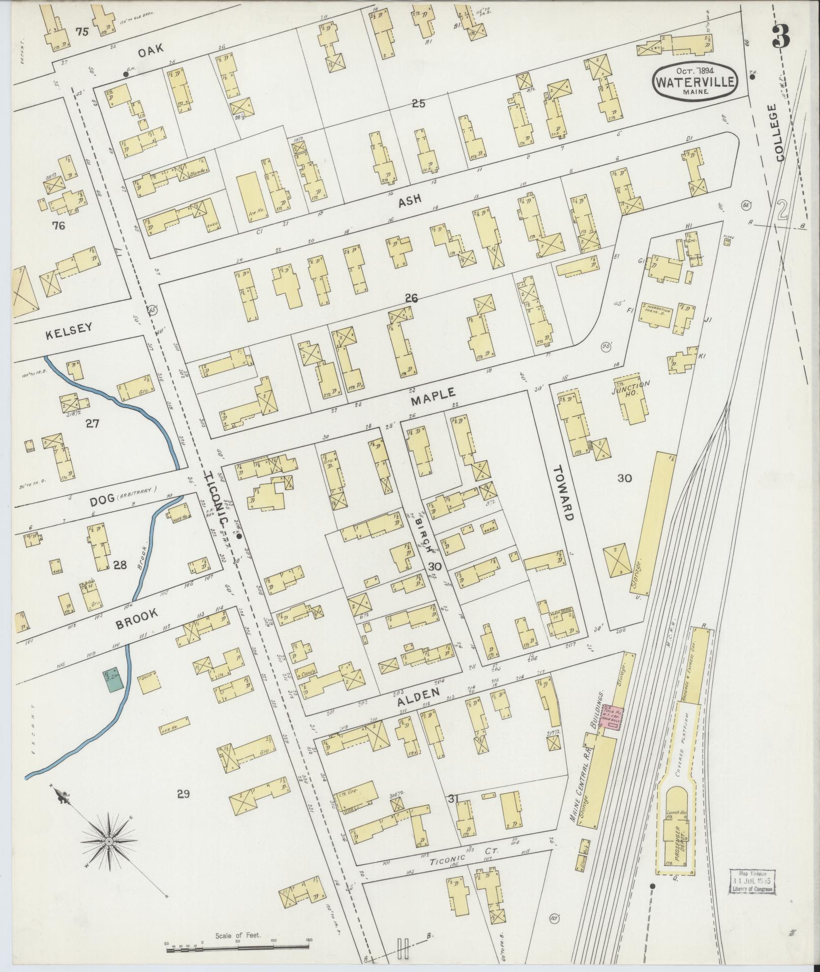 Sanborn Fire Insurance Map from Waterville, Kennebec County, Maine (1894), Sheet #0003 - Complete Map Set gallery image, historic Sanborn map, vintage wall art, Maine Maine