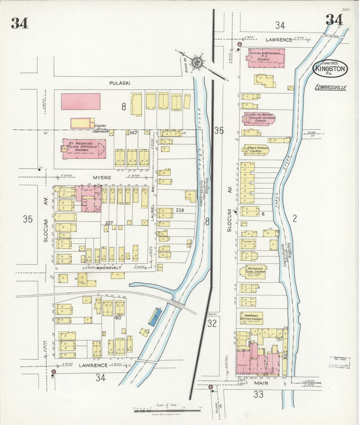Sanborn Fire Insurance Map from Kingston, Luzerne County, Pennsylvania (1925), Sheet #0034 - Historic Sanborn Fire Insurance Map Print, vintage old map wall art, antique decor, genealogy gift, Pennsylvania Pennsylvania map