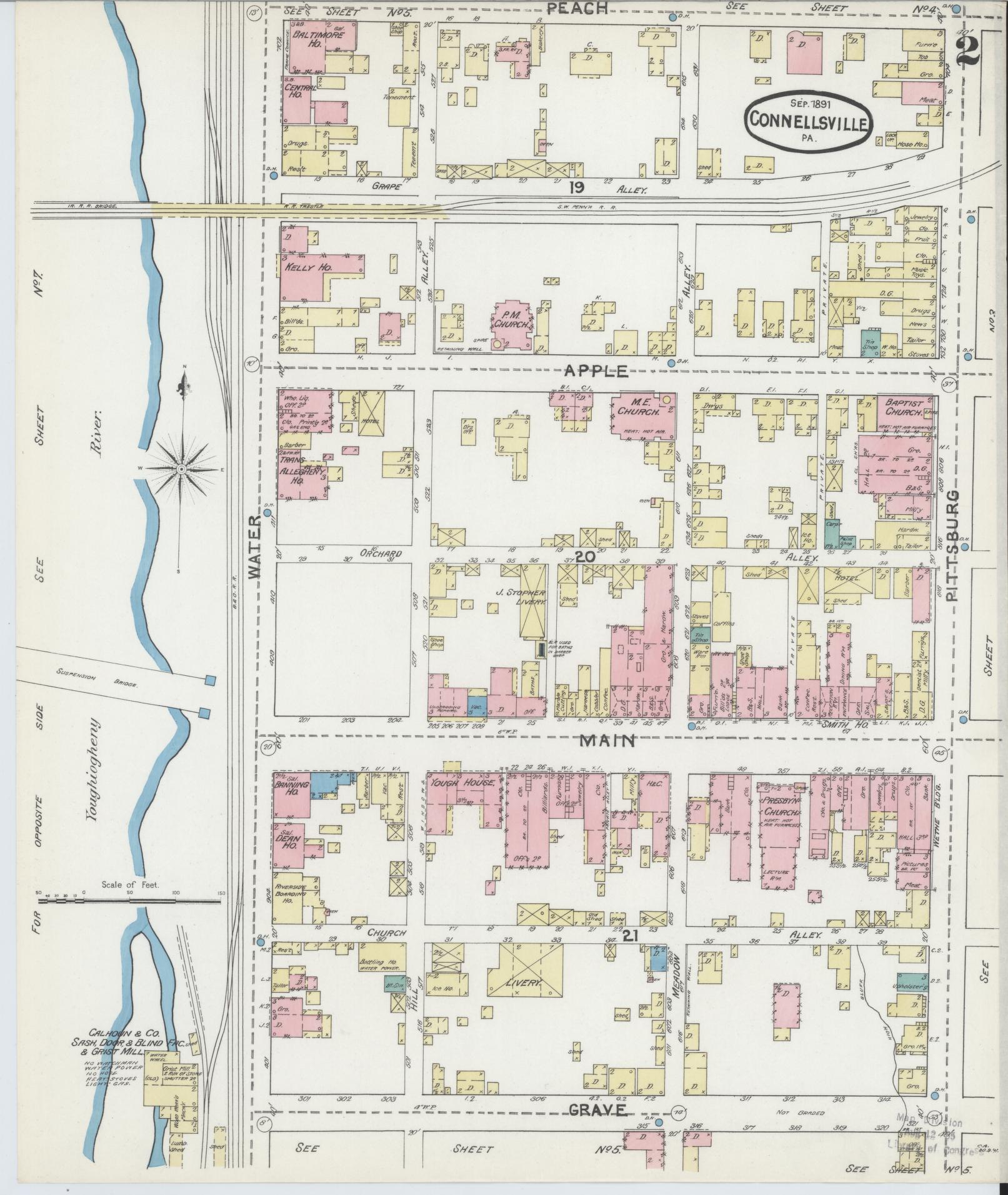 Sanborn Fire Insurance Map from Connellsville, Fayette County, Pennsylvania (1891), Sheet #0002 - Historic Sanborn Fire Insurance Map Print, vintage old map wall art, antique decor, genealogy gift, Pennsylvania Pennsylvania map