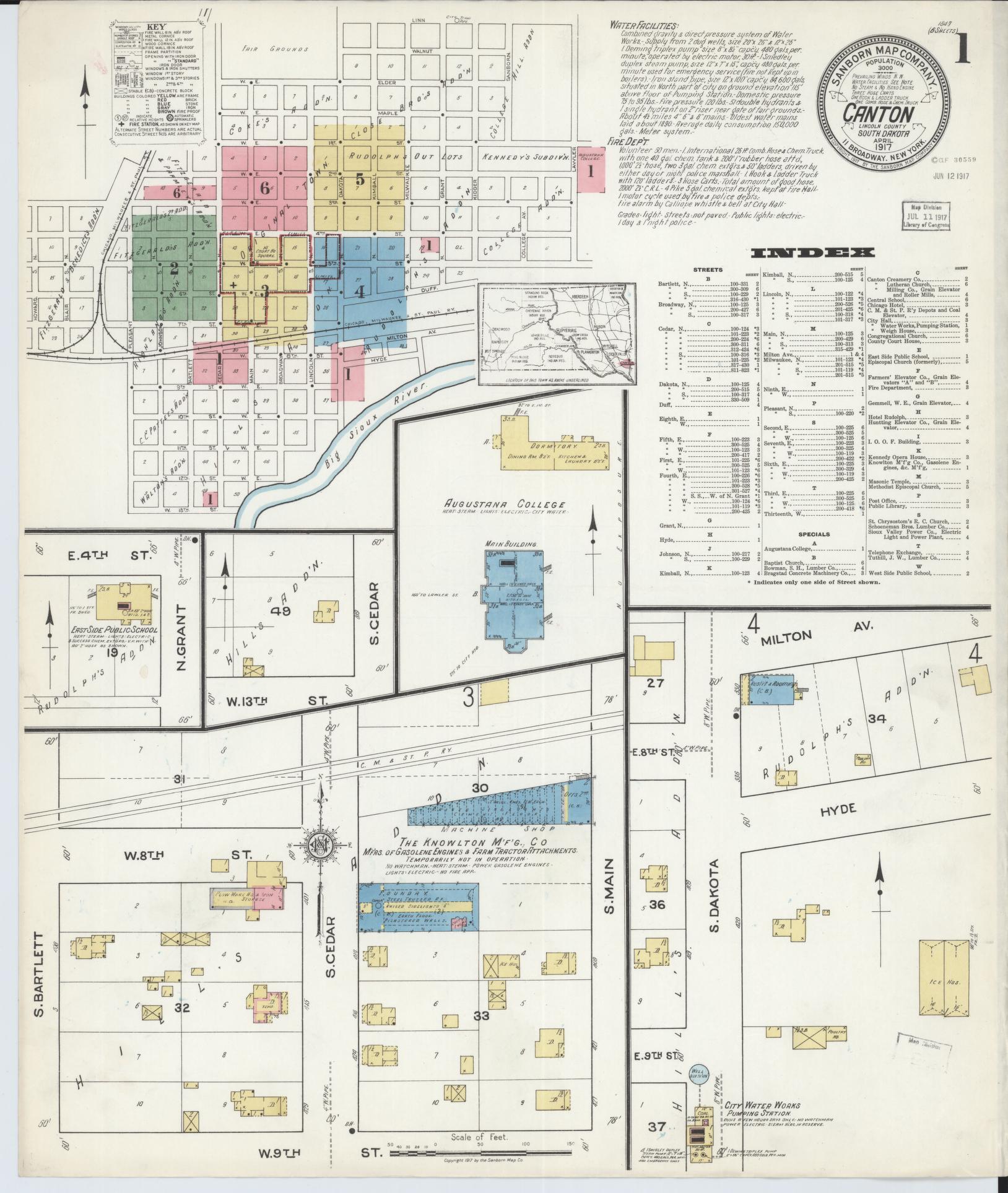 Sanborn Fire Insurance Map from Canton, Lincoln County, South Dakota (1917), Sheet #0001 - Historic Sanborn Fire Insurance Map Print, vintage old map wall art, antique decor, genealogy gift, South Dakota South Dakota map