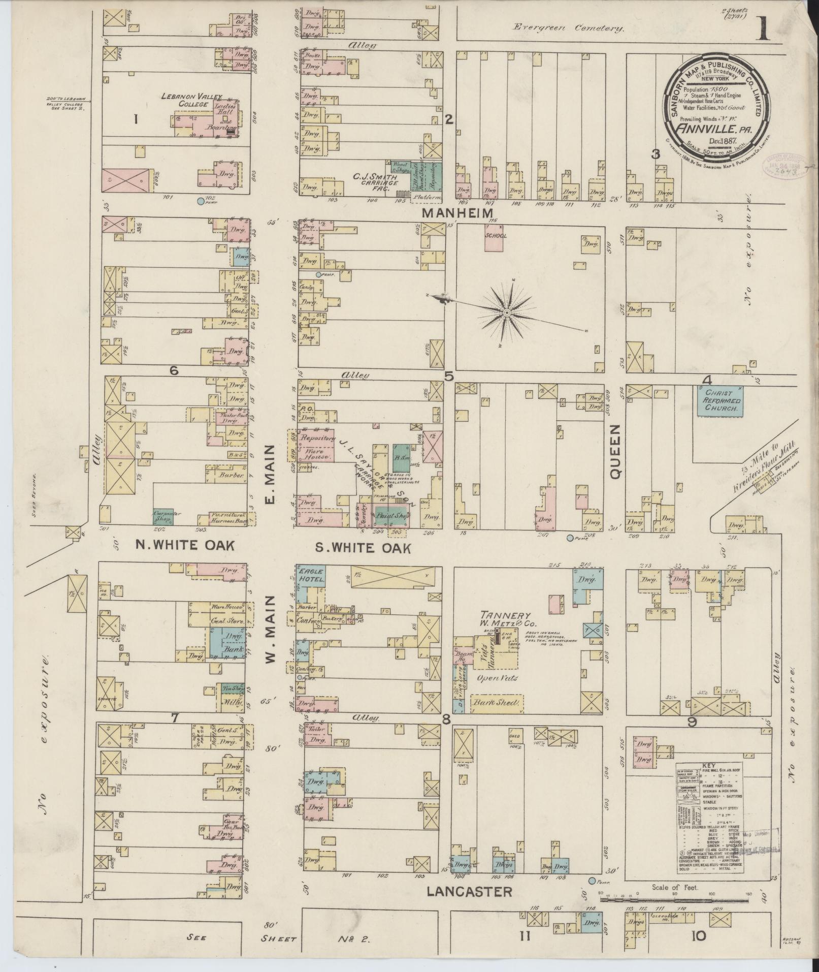 Sanborn Fire Insurance Map from Annville, Lebanon County, Pennsylvania (1887), Sheet #0001 - Historic Sanborn Fire Insurance Map Print, vintage old map wall art, antique decor, genealogy gift, Pennsylvania Pennsylvania map