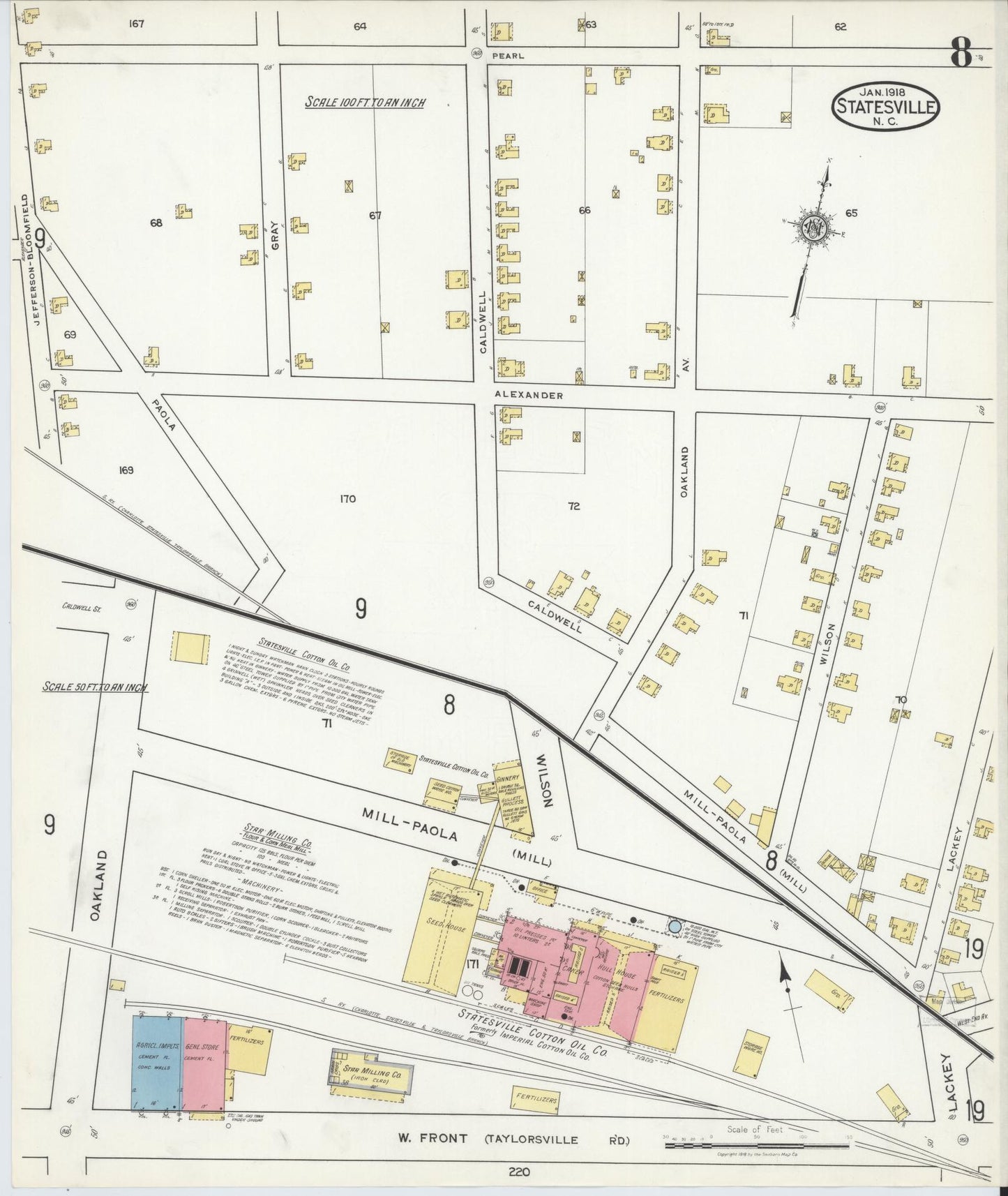 Sanborn Fire Insurance Map from Statesville, Iredell County, North Carolina (1918), Sheet #0008 - Historic Sanborn Fire Insurance Map Print, vintage old map wall art, antique decor, genealogy gift, North Carolina North Carolina map